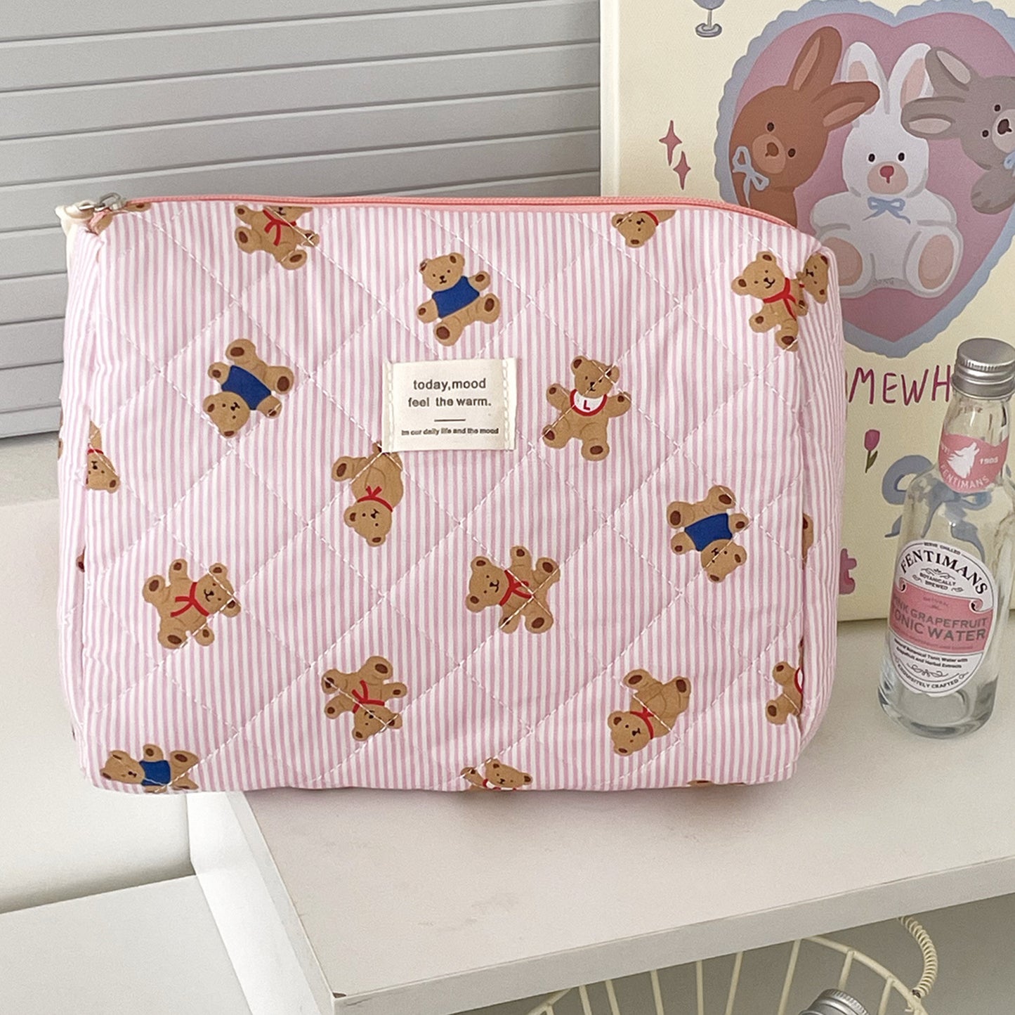 Blue Striped Bear Cartoon Girlish Portable Large Capacity Cosmetic Bags