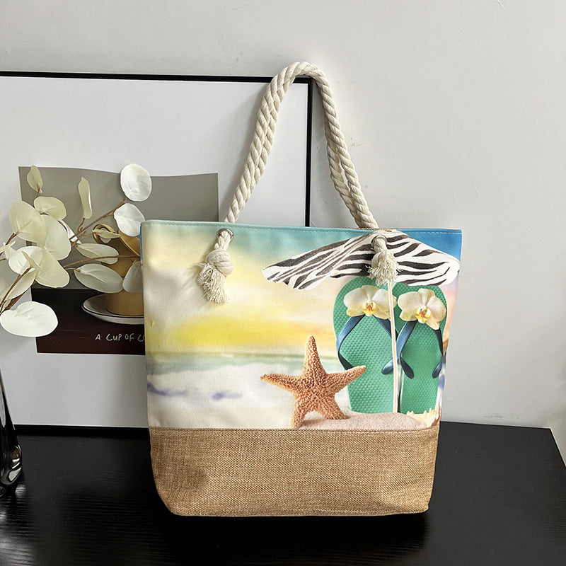 Women's Large Capacity Linen Printed Double-sided Cotton Shoulder Bags