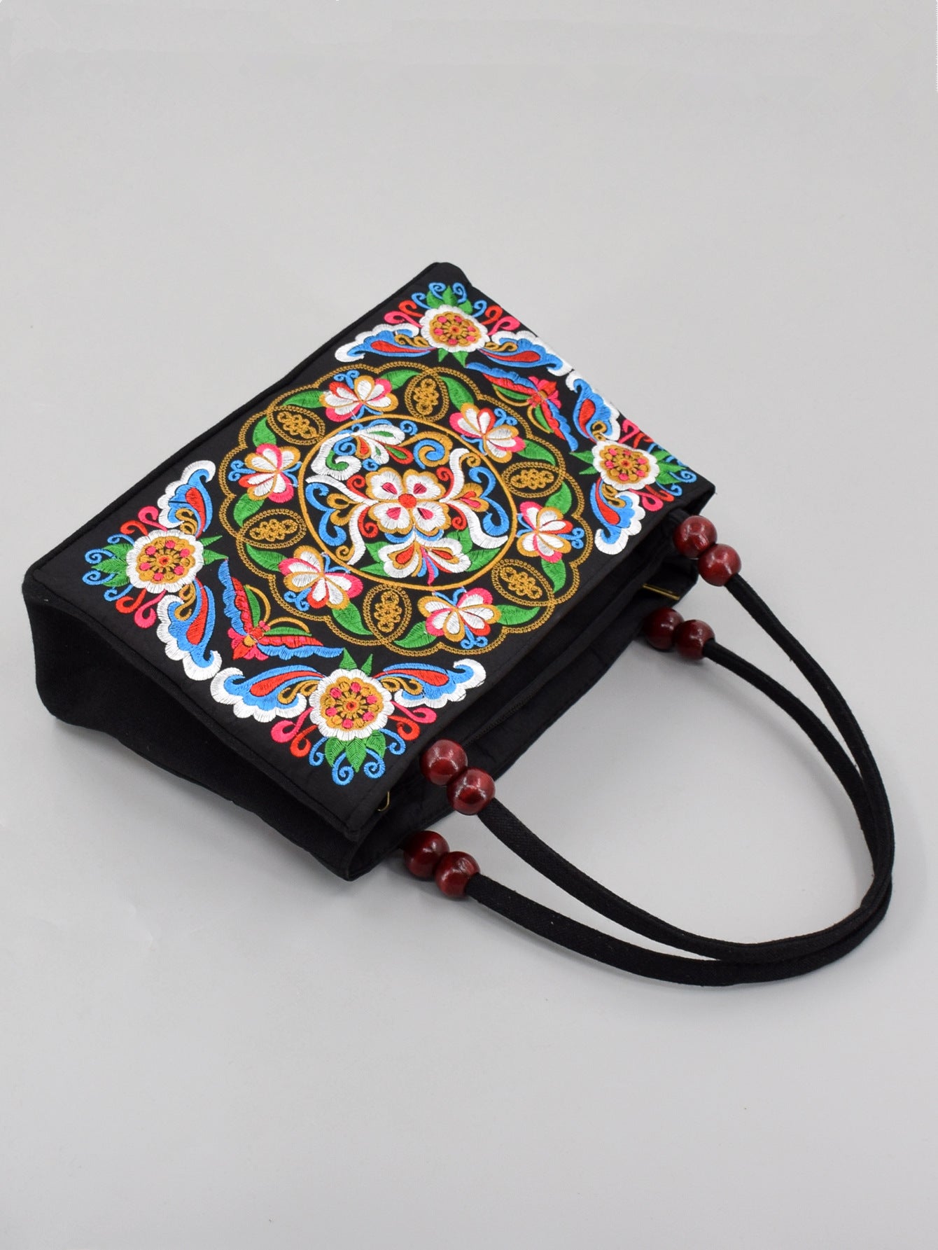 Style Double Sided Embroidery Wooden Bead Layer Zipper Portable Handbags