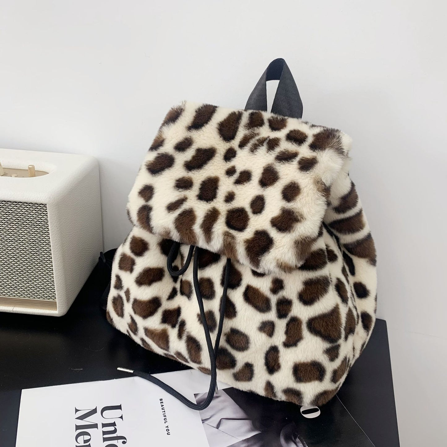 Plush Faux Rabbit Fur Large Capacity Drawstring Leopard Print Handbags