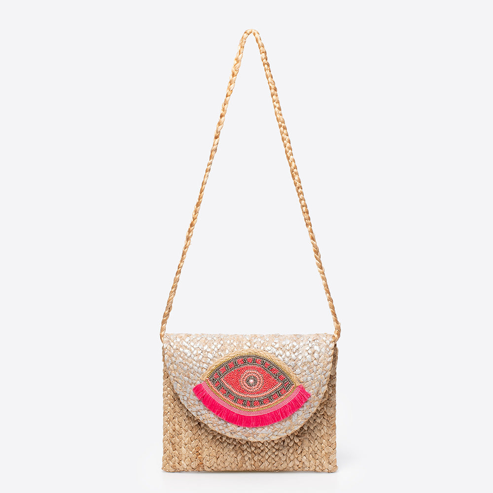 Women's Bead Patch Jute Bohemian Clutch Hand-woven Vacation Bags