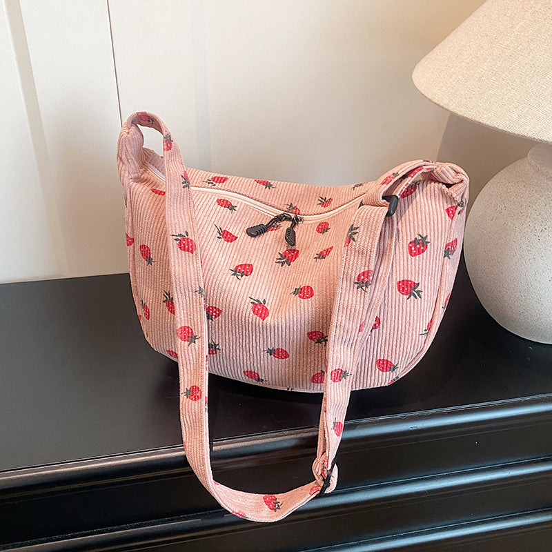 Trendy Female Strawberry Corduroy Large Capacity Shoulder Bags