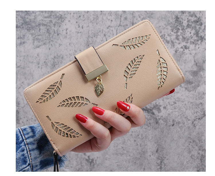 Women's Korean Leaf Hollow Long Zipper Hasp Clutch Ladies Wallet