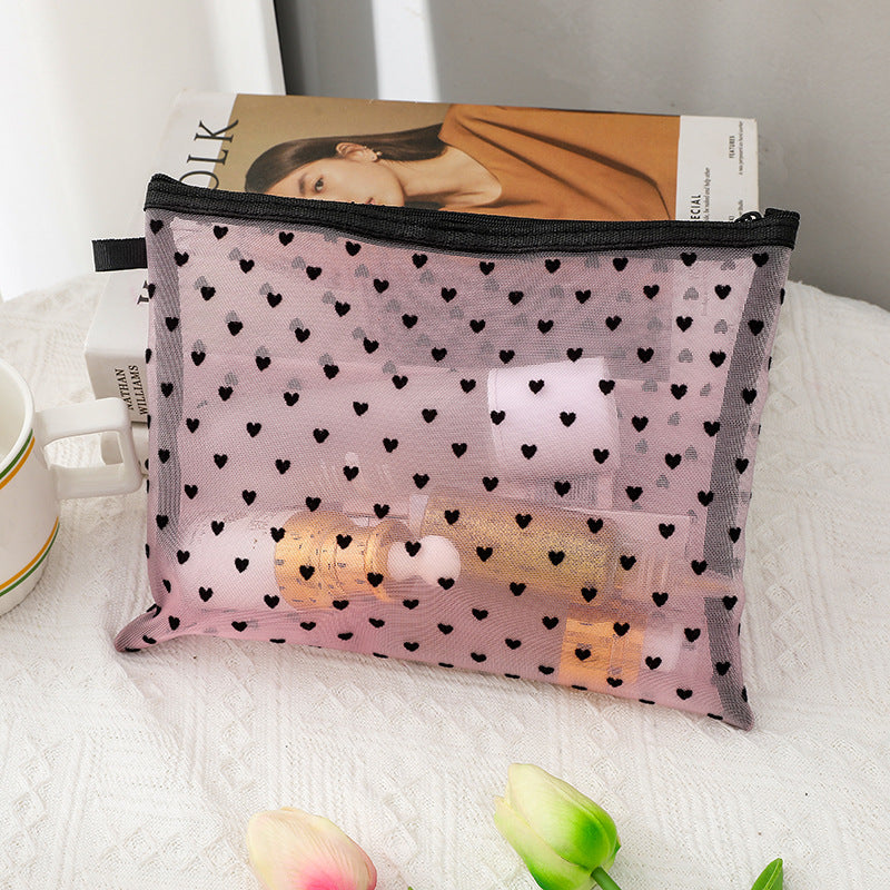 Flocking Pink Mesh Heart Portable Wash Cosmetic Bags