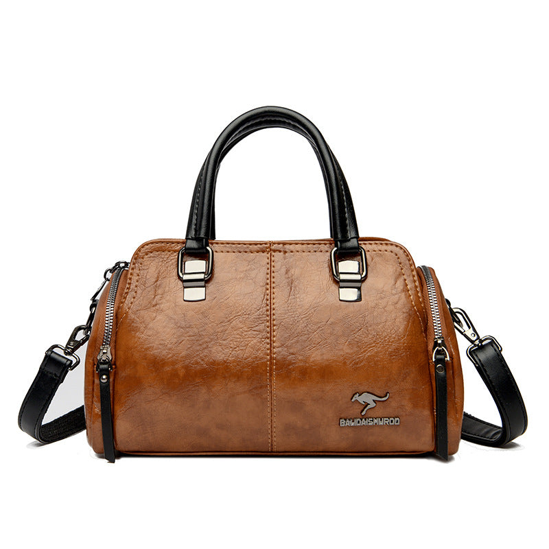 Women's Contrast Color Boston Pillow Soft Leather Portable Handbags