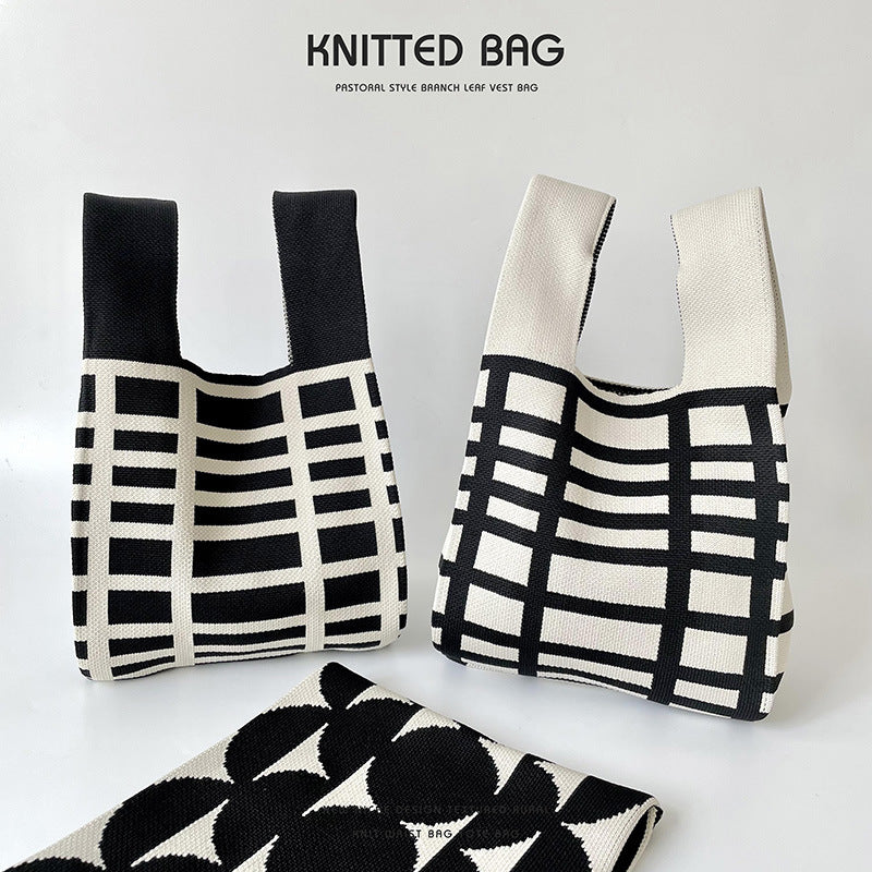 Black White Striped Knitted Hand Holding Versatile Bags
