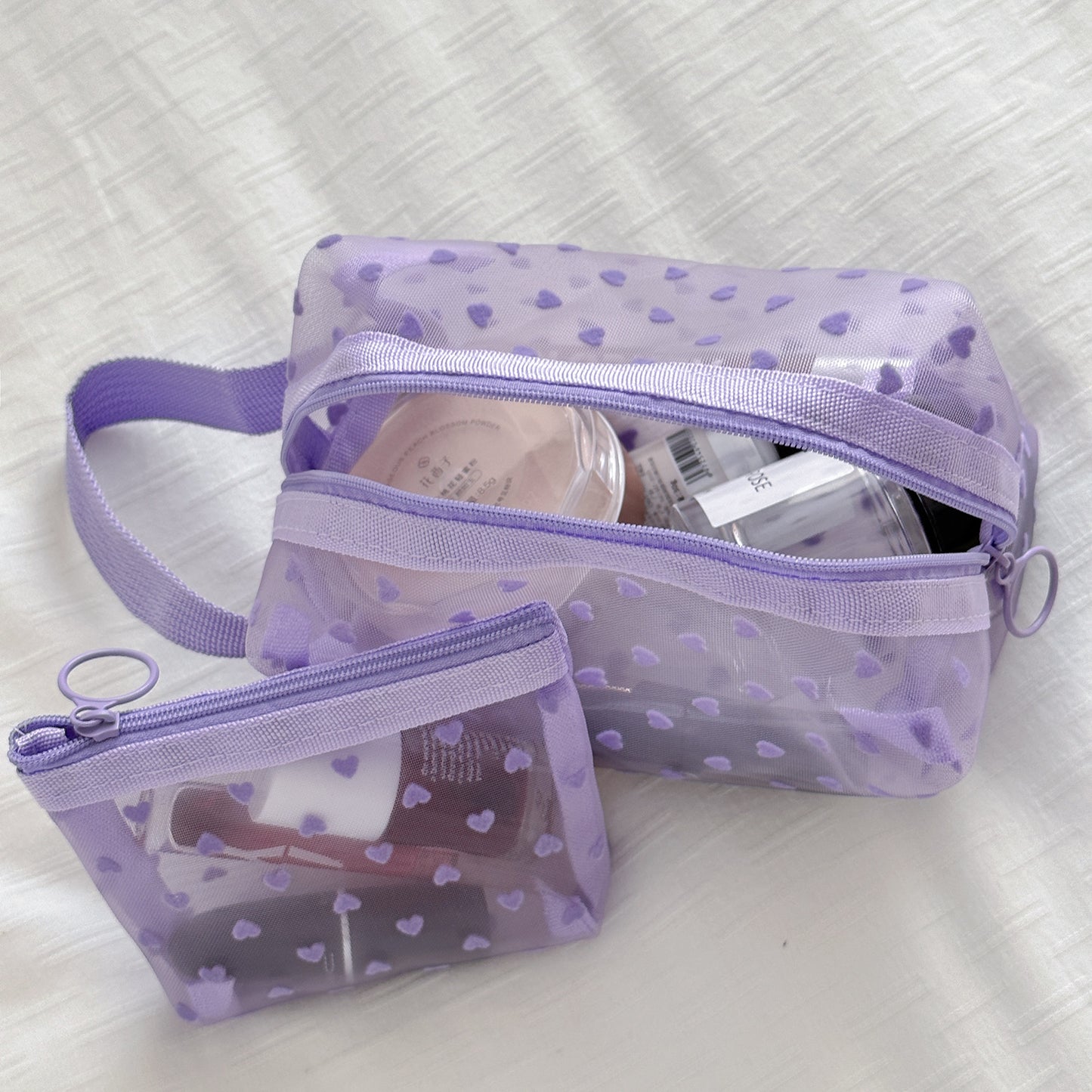 Flocking Mesh Love Portable Breathable Transparent Cosmetic Bags