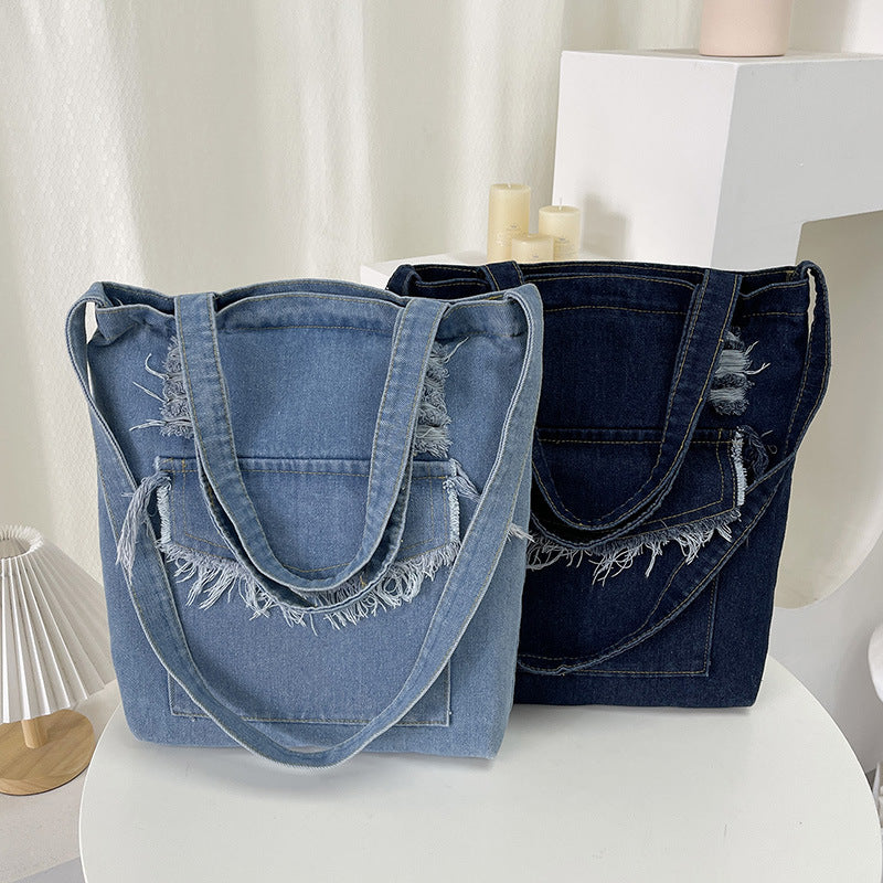 Canvas Denim Washed Cloth Tassel Large Shoulder Bags