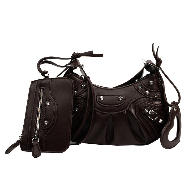 Women's Pleated Crescent Son Mother Retro Rivet Shoulder Bags