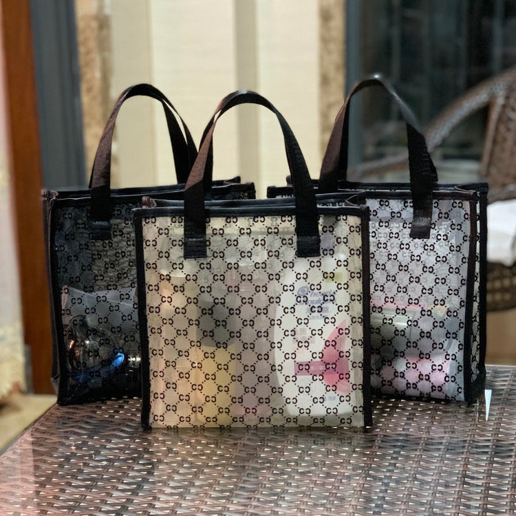 Women's Mesh Flocking Transparent Cutout Large Capacity Handbags
