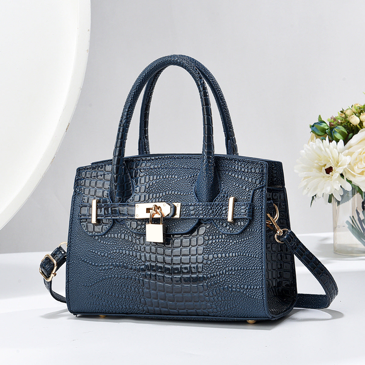 Durable Bright Leather Stone Pattern Alligator Handbags