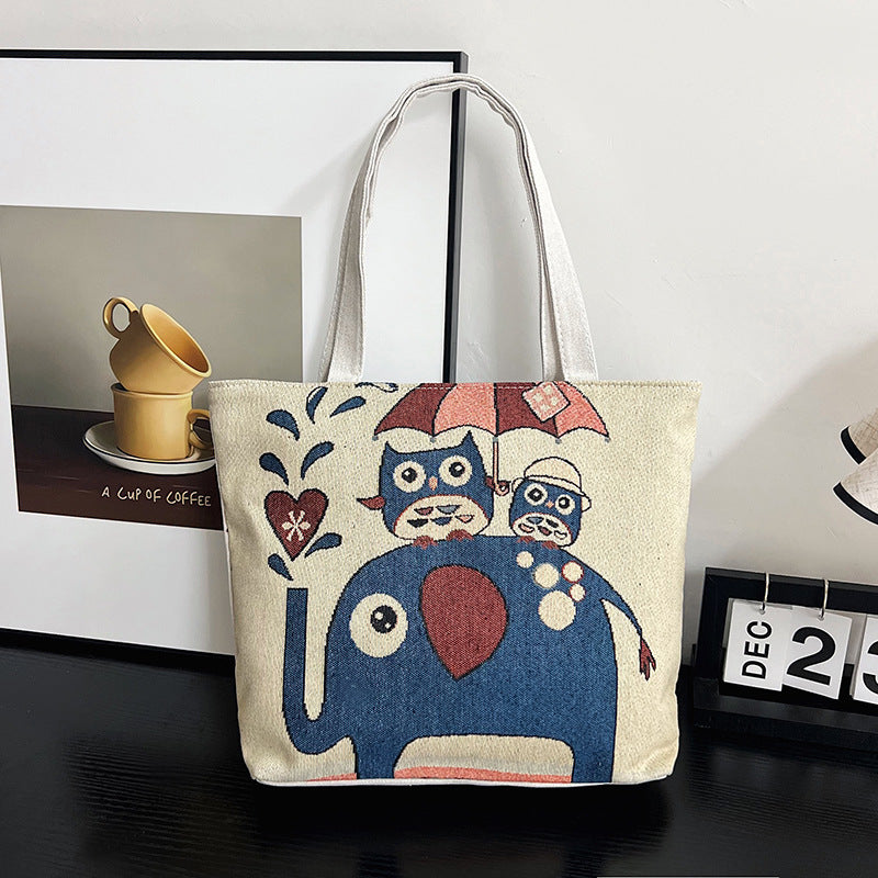 Women's Autumn Korean Style Woven Flower Cartoon Owl Canvas Shoulder Bags