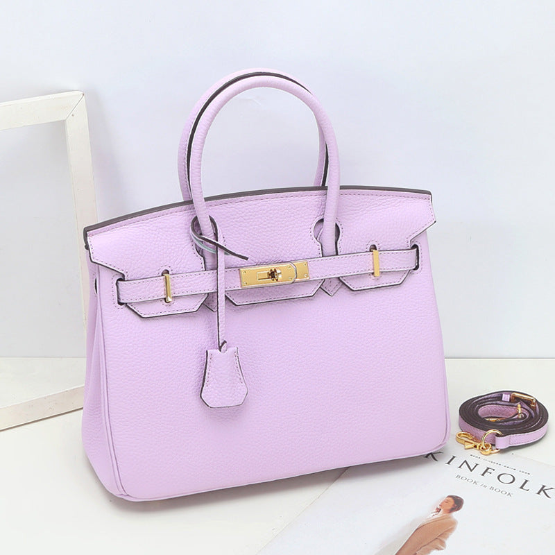 Large Capacity Lychee Pattern Kelly Genuine Cattlehide Leather Handbags