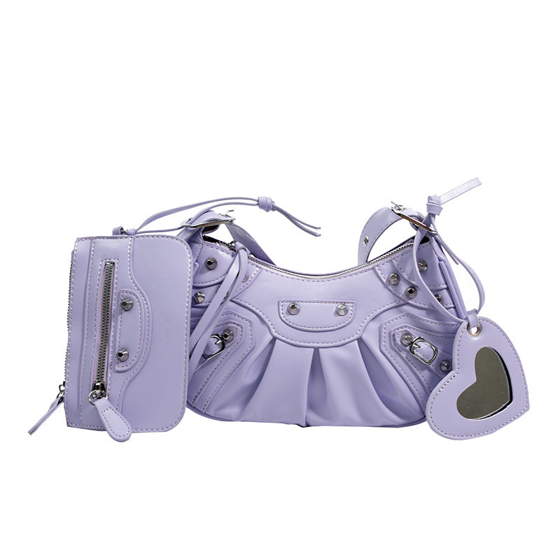 Women's Pleated Crescent Son Mother Retro Rivet Shoulder Bags