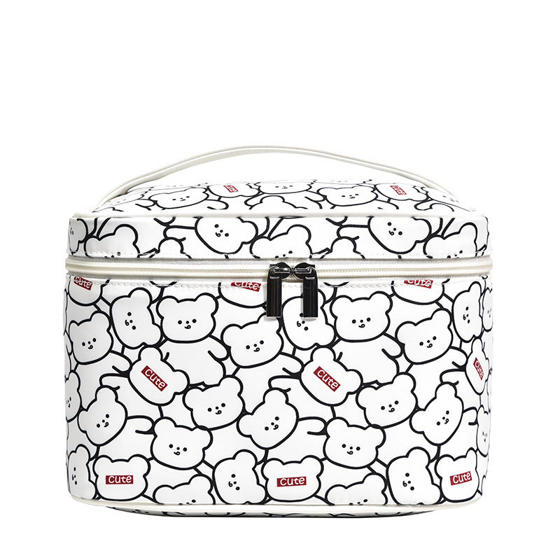 White Plaid Portable Simple Large Capacity Makeup Bag
