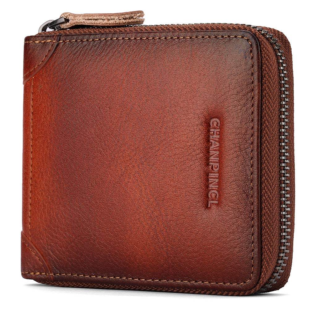 Men's Boxed First Layer Cowhide Pocket Zipper Men's Wallets