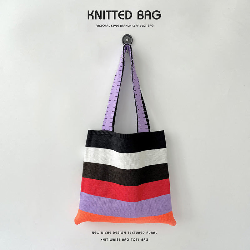 Women's Rainbow Knitted Versatile Large Capacity Commuter Shoulder Bags