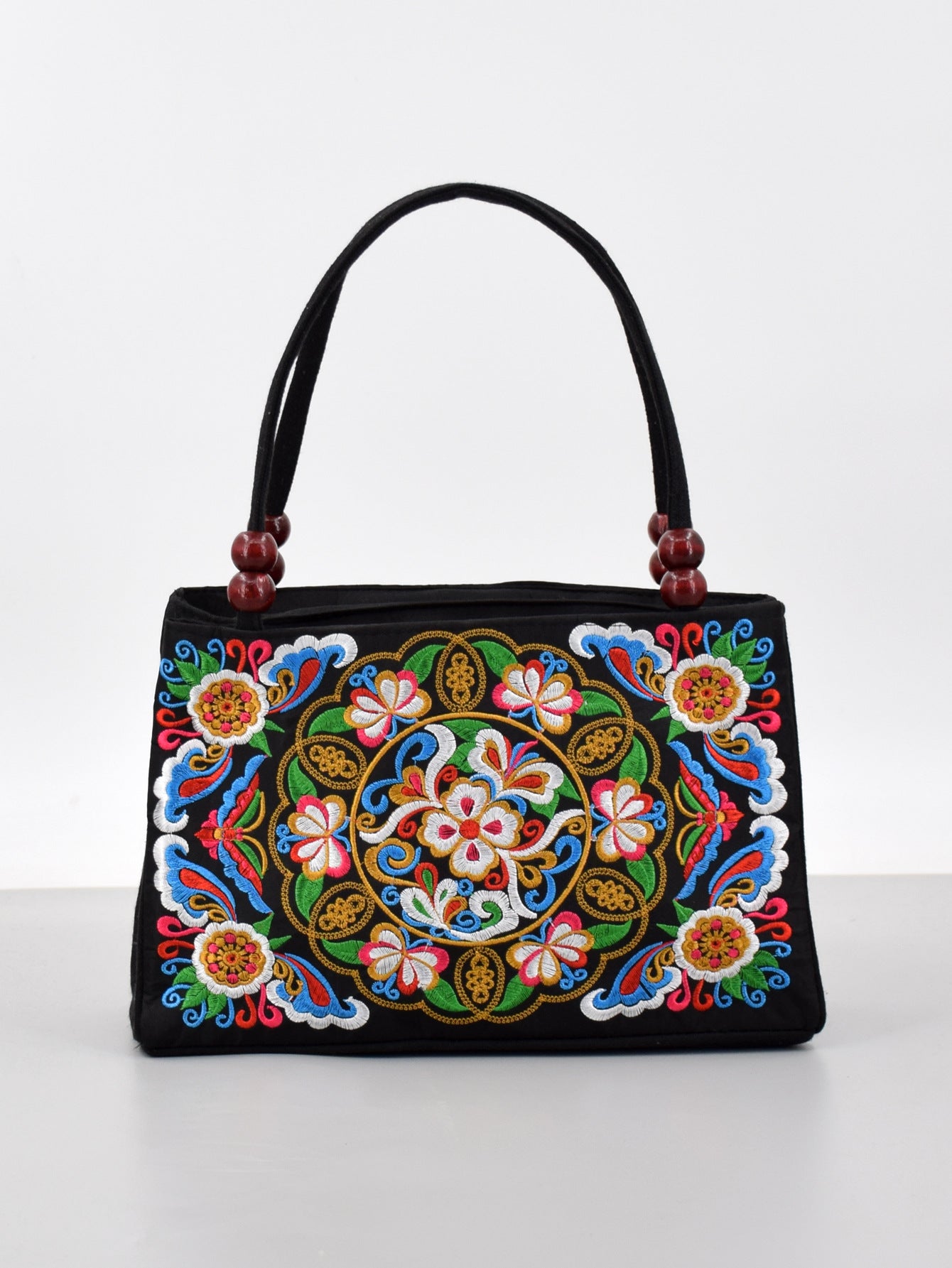 Style Double Sided Embroidery Wooden Bead Layer Zipper Portable Handbags
