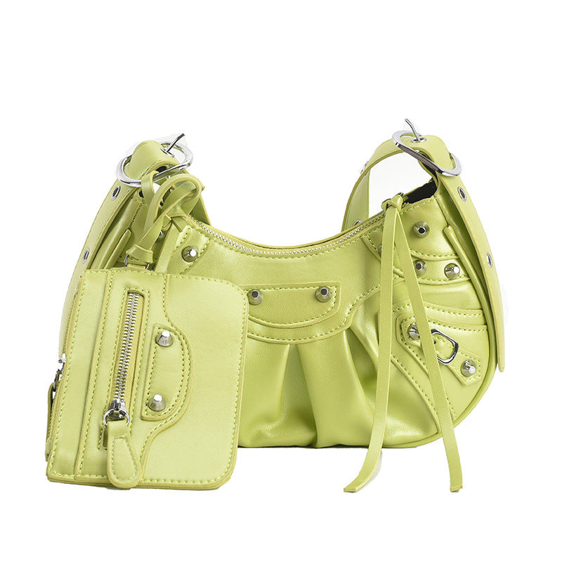 Women's Pleated Crescent Son Mother Retro Rivet Shoulder Bags