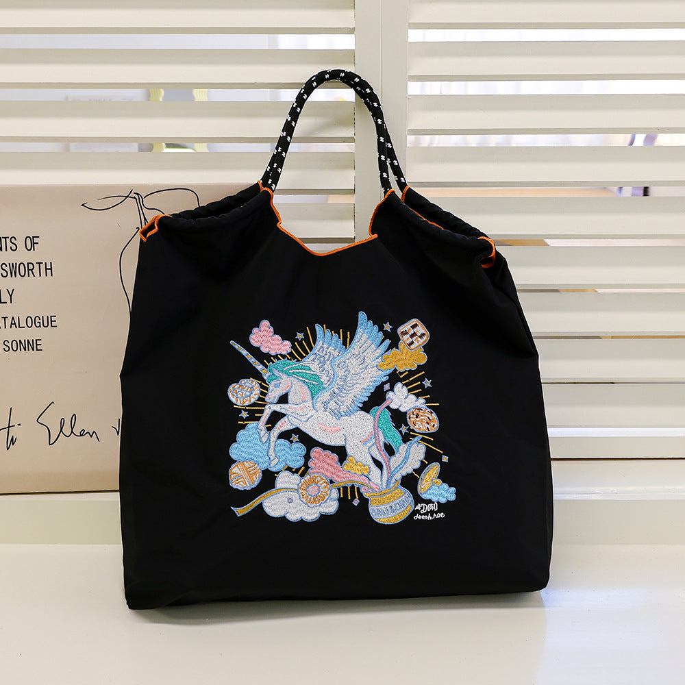 Lucky Horse Cartoon Waterproof Nylon Needle Embroidery Fashion Commuter Large Shoulder Bags