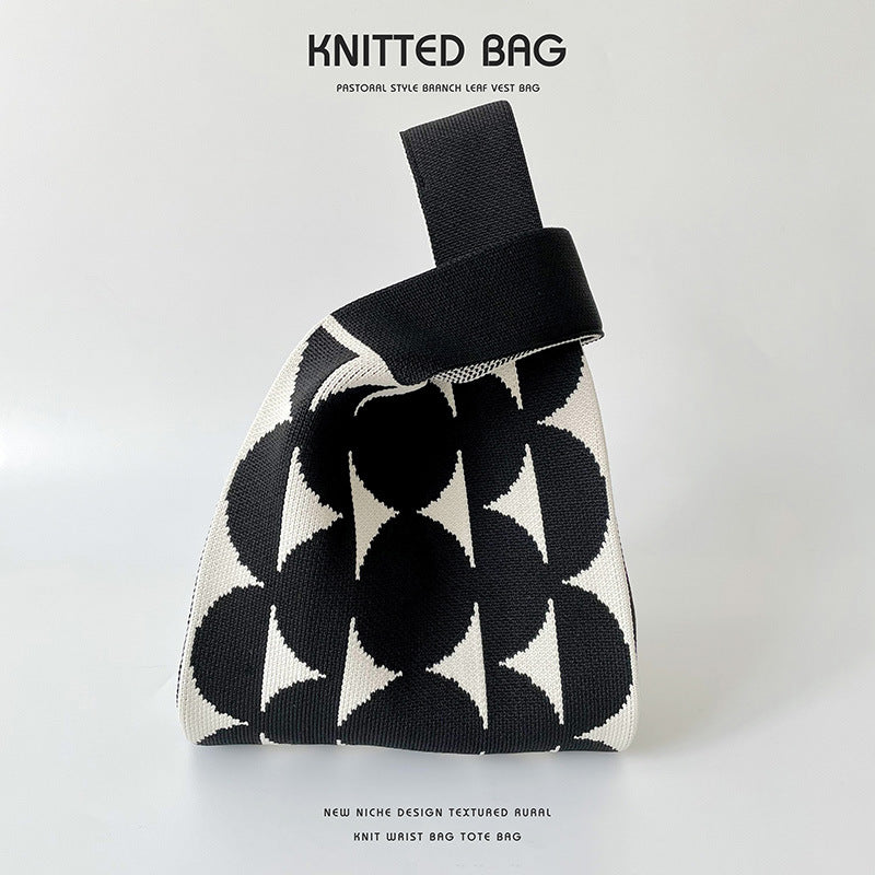 Black White Striped Knitted Hand Holding Versatile Bags