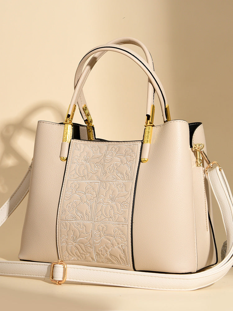 Women's Genuine Leather Embroidered Chinese Style Mother's Large Handbags
