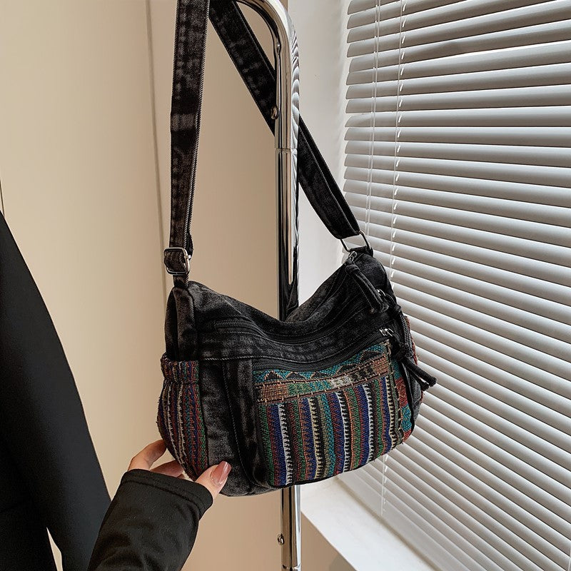 Retro Ethnic Style Embroidered Denim Commuter Large Capacity Female Women's Messenger Bag