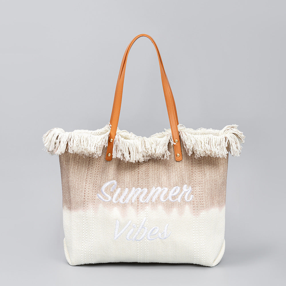 Embroidered Tassel Canvas Magnetic Snap Commuter Shoulder Bags