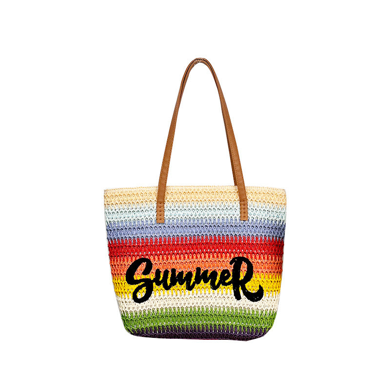 Women's Straw Shopping Striped Letters Beach Shoulder Bags