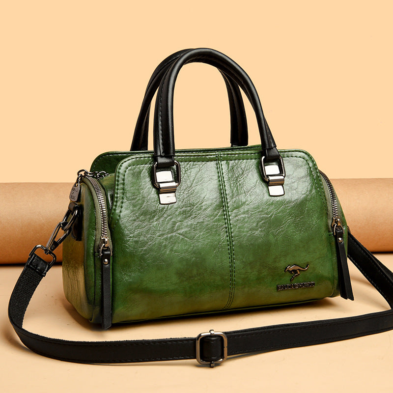 Women's Contrast Color Boston Pillow Soft Leather Portable Handbags
