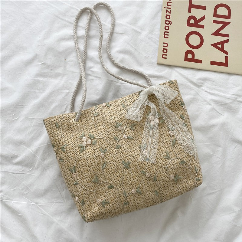 Women's Straw Woven Fresh Bow Lace Portable Shoulder Bags