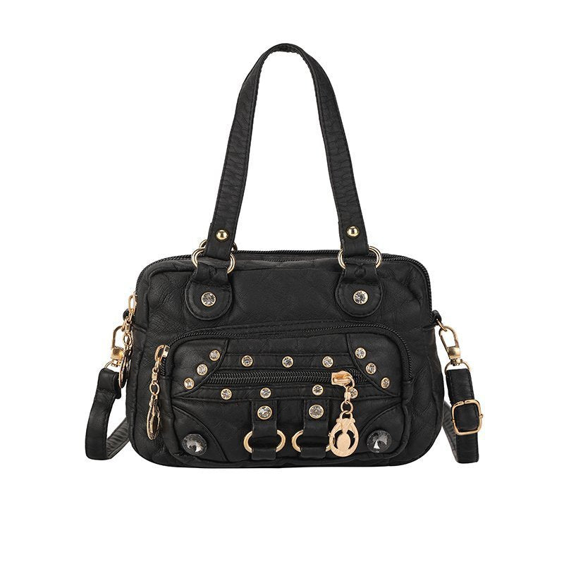 Women's Trendy Soft Washed Leather Color Matching Shoulder Bags