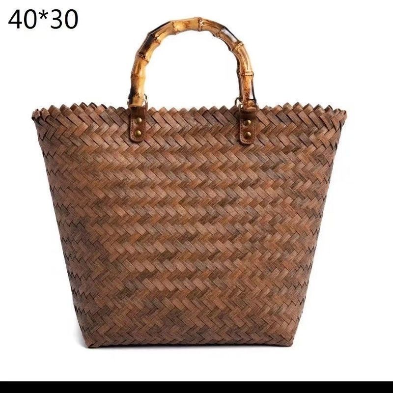 Women's Straw Woven Bamboo Beach Vintage Handle