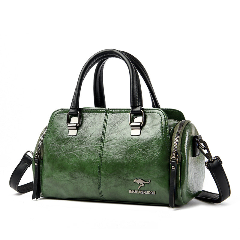 Women's Contrast Color Boston Pillow Soft Leather Portable Handbags