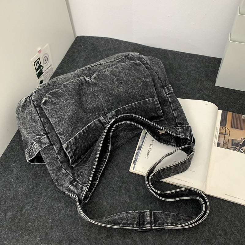 Women's Tooling Style Denim Canvas Large Capacity Class Tote Bags