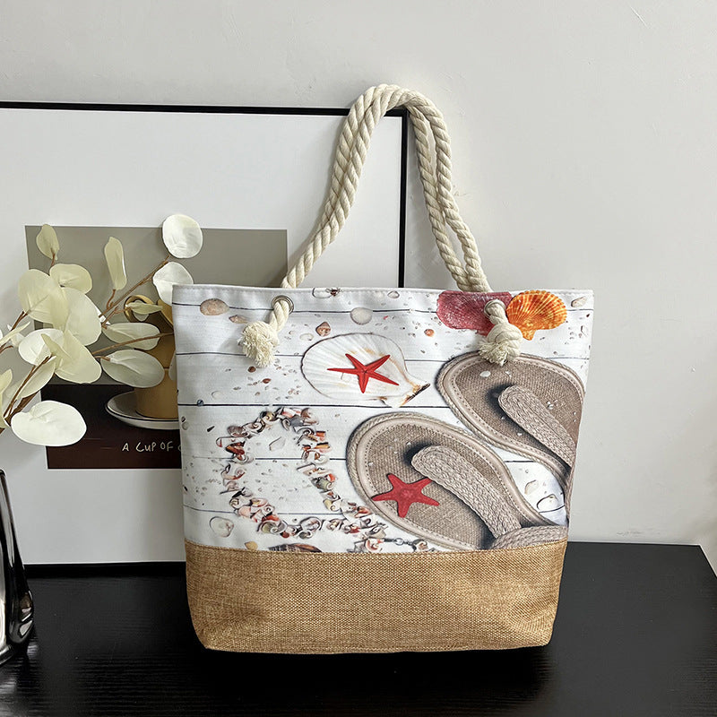 Women's Large Capacity Linen Printed Double-sided Cotton Shoulder Bags