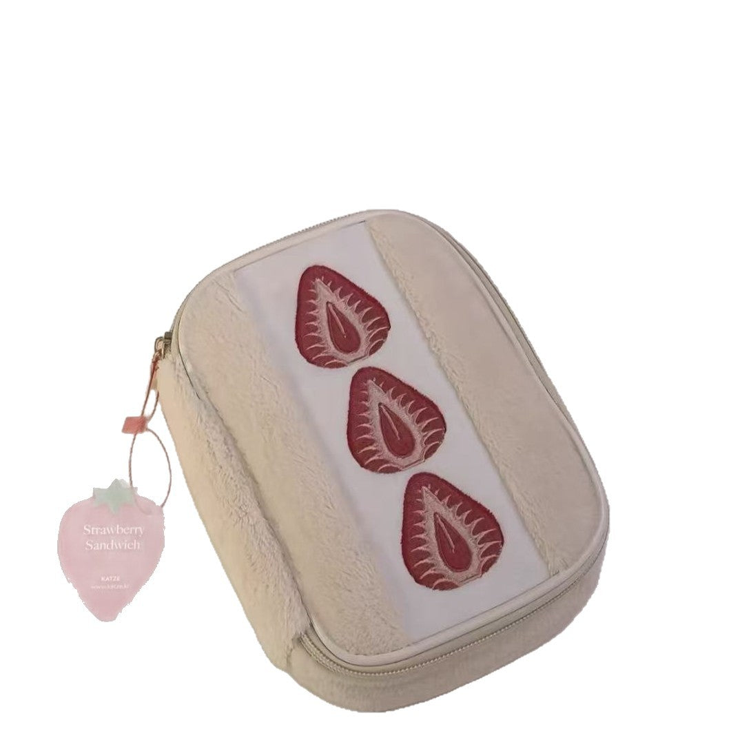 Women's Cute Strawberry Plush Large Capacity Portable Cosmetic Bags