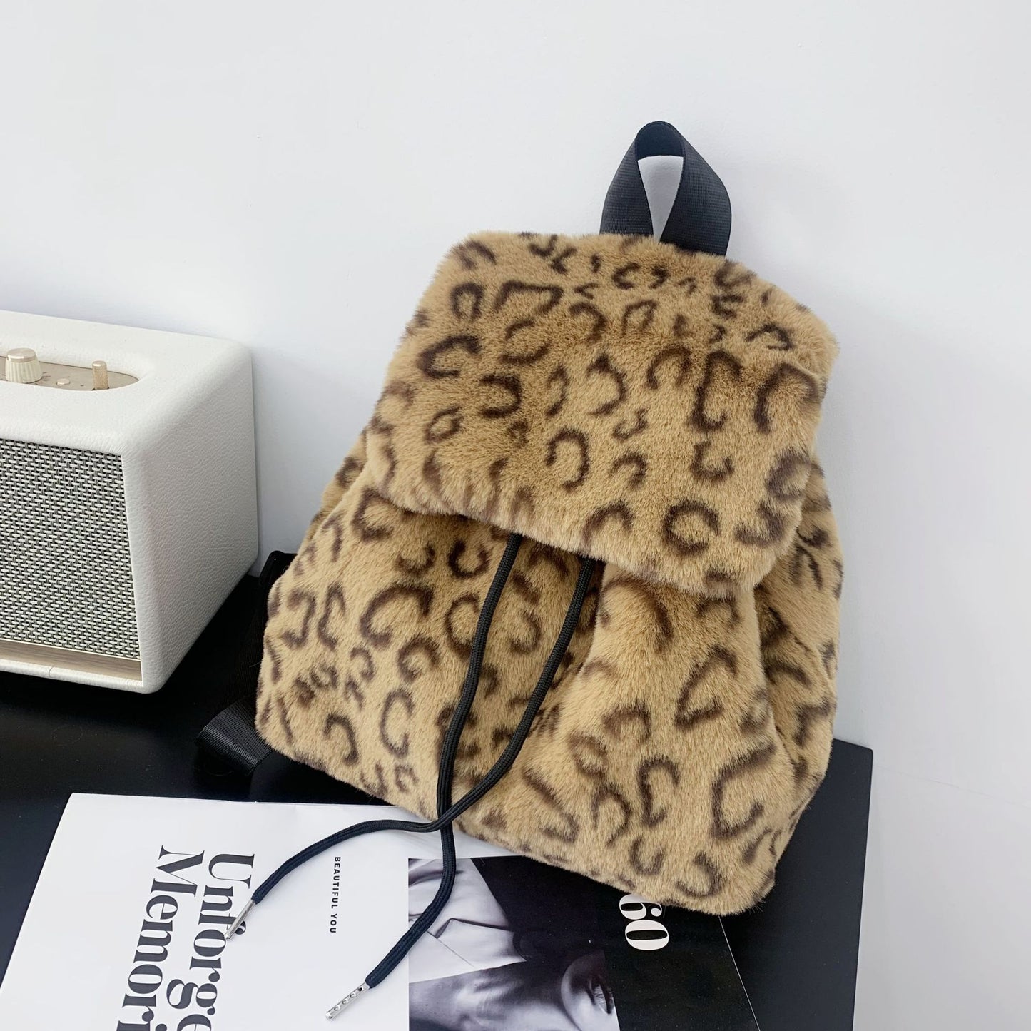 Plush Faux Rabbit Fur Large Capacity Drawstring Leopard Print Handbags