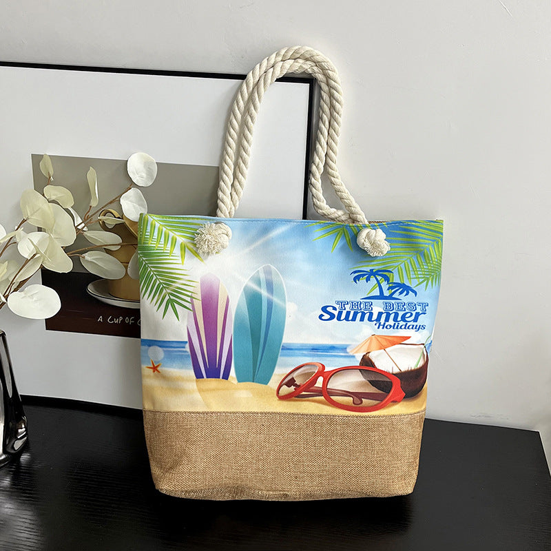 Women's Large Capacity Linen Printed Double-sided Cotton Shoulder Bags