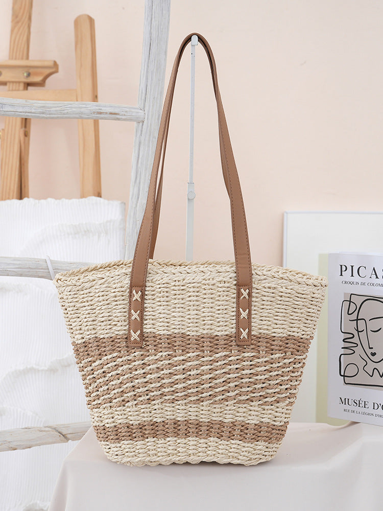 Capacity Straw Summer Stitching Contrast Color Fashion Vacation Bags