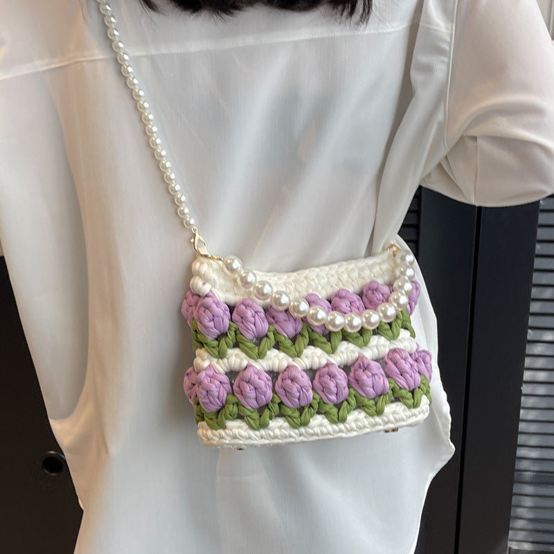 Fairy Style Tulip Hand-woven Strip Thread Material Pearl Crossbody Bags