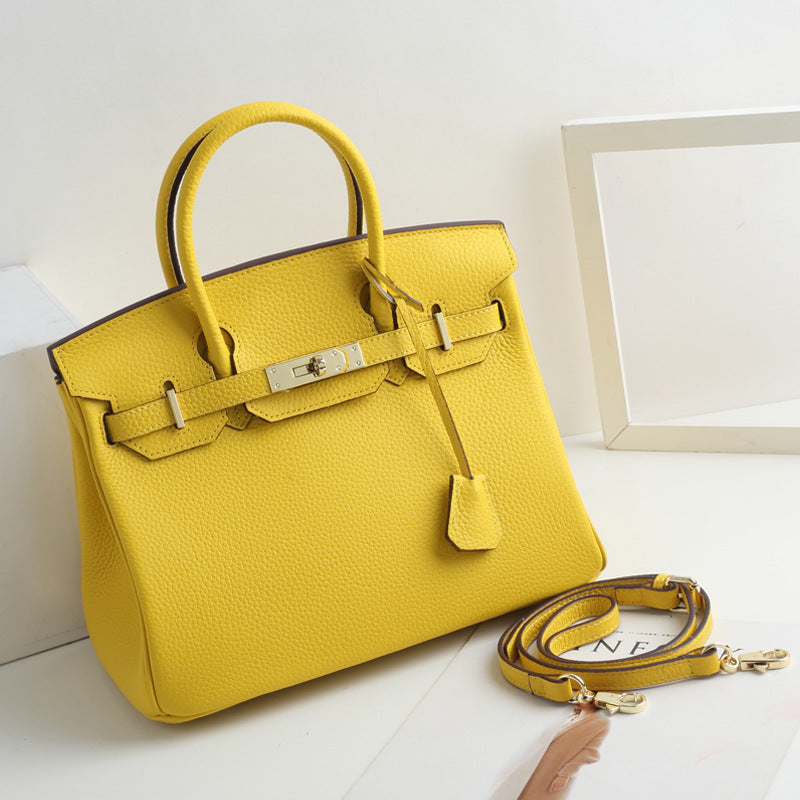 Large Capacity Lychee Pattern Kelly Genuine Cattlehide Leather Handbags