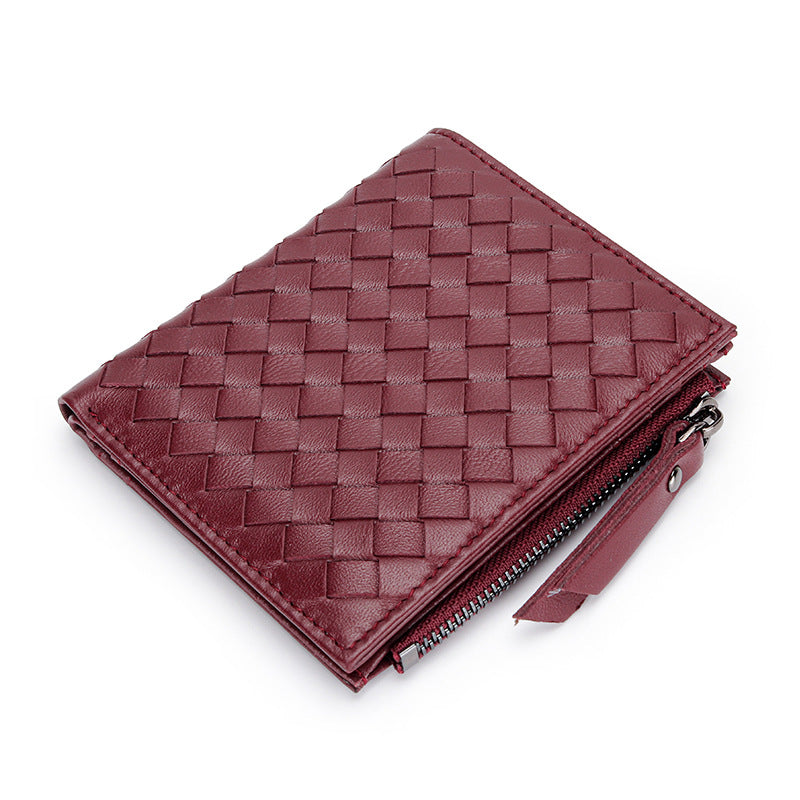 Women's Sheepskin Woven Fold Multiple Slots Vertical Leather Ladies Wallet