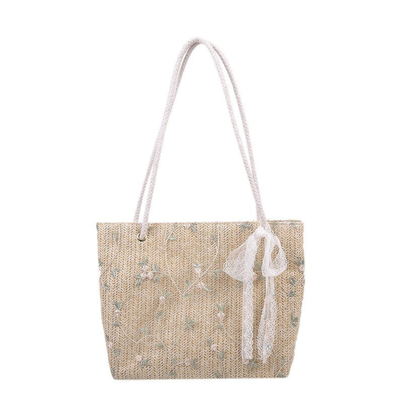 Women's Straw Woven Fresh Bow Lace Portable Shoulder Bags