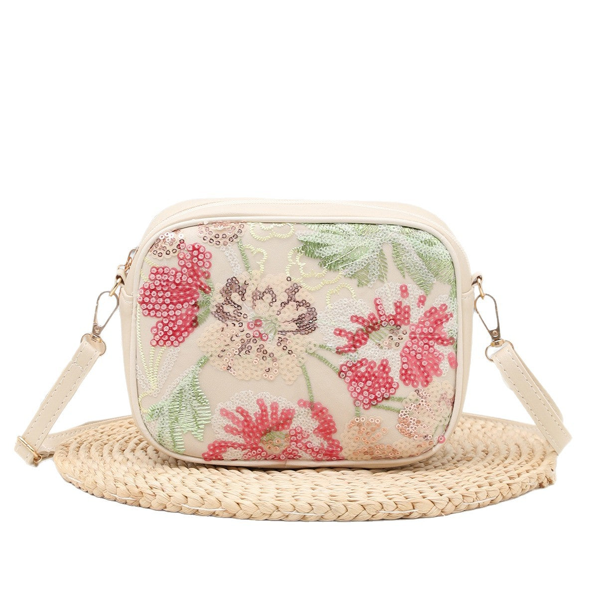 Autumn Flowers Embroidered Sequins Canvas Commuter Women's Messenger Bag