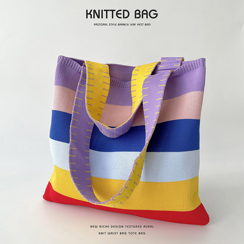 Women's Rainbow Knitted Versatile Large Capacity Commuter Shoulder Bags