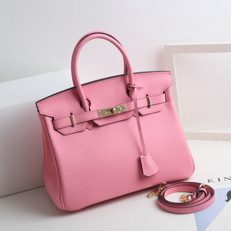 Large Capacity Lychee Pattern Kelly Genuine Cattlehide Leather Handbags