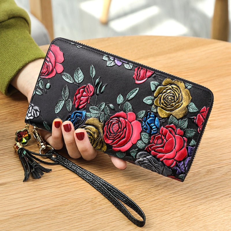 Women's Long Leather Zipper Retro Ethnic Style Three-dimensional Ladies Wallet
