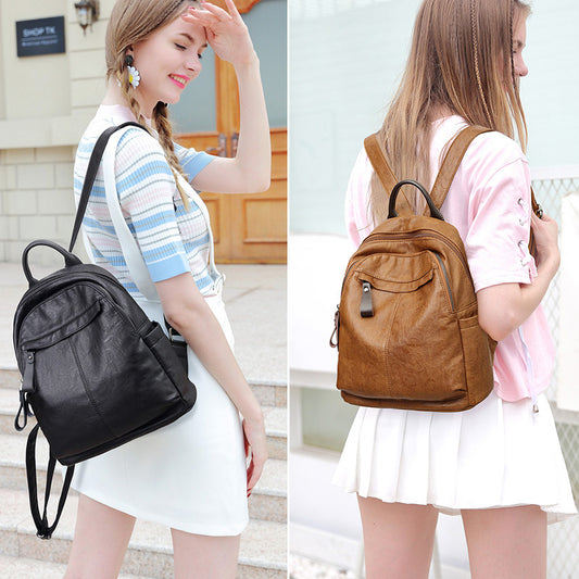 Women's Korean Fashionable Stylish Soft Leather Simple Backpacks