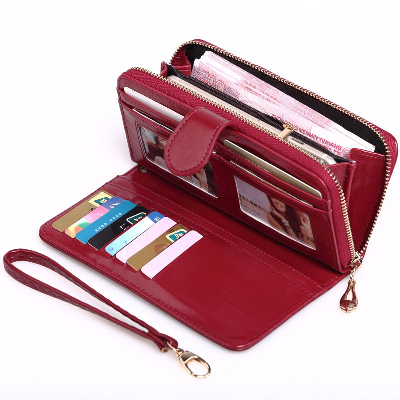 Women's Oily Leather Long Zipper Mobile Fashion Three Ladies Wallet
